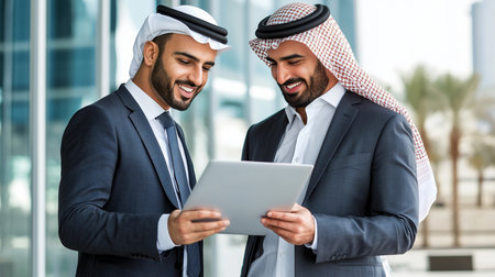 Two smiling men in suits and traditional headwear are looking at a silver tablet, both holding it with their hands, appearing engaged and positive.の素材
