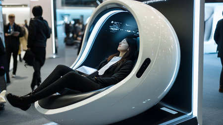 A woman in a black suit reclines in a sleek, futuristic white pod, eyes closed, appearing relaxed.の素材