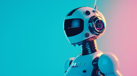 Sleek white robot with a dark reflective visor, segmented metallic neck, and glowing pink and blue circular details on its head and chest.の素材