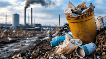 A close-up view of a yellow plastic bucket filled with crumpled paper and other discarded materials, situated amidst a landfill scene.の素材