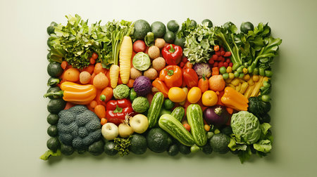 An abundant, colorful assortment of fresh, raw fruits and vegetables, including bell peppers, broccoli, carrots, and leafy greens, densely packed in a vibrant display.の素材