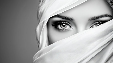 Close-up of a woman's face partially covered by a white fabric veil, focusing on her expressive eyes with long eyelashes and defined eyebrows.の素材