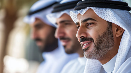 Close-up of three men wearing traditional white thobes and ghutras, with the man in the foreground smiling warmly.の素材