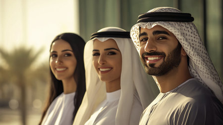 Three individuals, two women and one man, are smiling and looking towards the camera. They are dressed in traditional Middle Eastern clothing.の素材