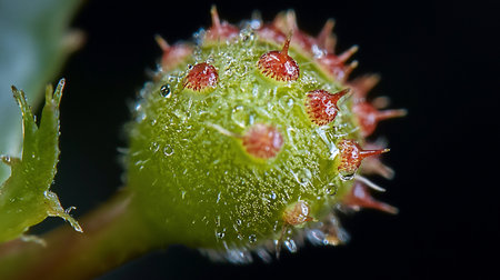 Green plant surface covered in sparkling water droplets and prominent red, spiky, textured glandular trichomes, showcasing intricate biological detail.の素材