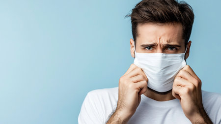 Close-up of a young man with dark hair and blue eyes, wearing a white pleated medical face mask, hands adjusting it, with a worried expression.の素材
