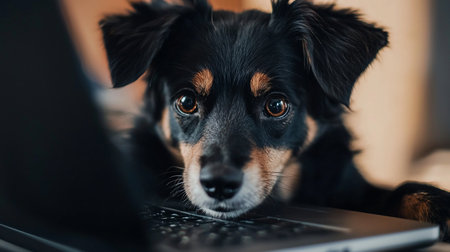 A small, fluffy black and tan dog with large, soulful brown eyes and floppy ears rests its chin on a laptop, looking directly forward with a curious expression.の素材