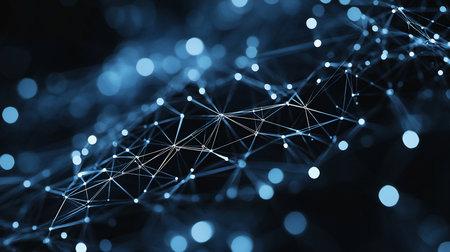 Vibrant blue digital network with glowing interconnected nodes and thin lines, forming an intricate web-like structure, symbolizing data connection.の素材