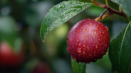 Close-up of a round, red jujube fruit with water droplets clinging to its surface, hanging from a tree branch with green leaves.の素材