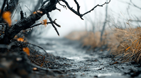 Gnarled dark tree branch with rough bark, small orange leaves, and melting icicles, extending over a wet, muddy path with dry golden grass.の素材