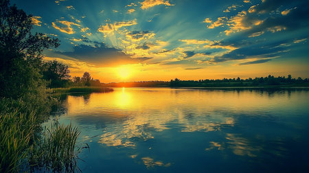A breathtaking sunset casts a warm golden glow across a tranquil lake, with the sky filled with dramatic clouds and sunbeams.の素材