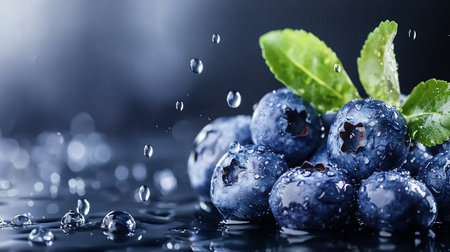 A cluster of ripe, dark blue blueberries, each berry glistening with numerous clear water droplets, accompanied by fresh green leaves.の素材