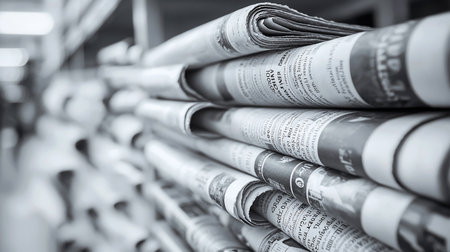 A close-up view of multiple newspapers stacked vertically, revealing their rough paper texture, folded edges, and blurred newsprint.の素材