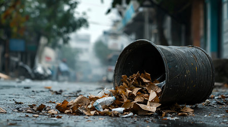 A weathered black trash can lies on its side, overflowing with dry brown leaves and crumpled plastic bottles, scattered on a wet, grimy street.の素材
