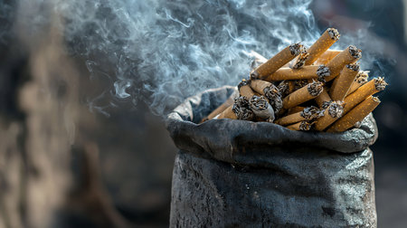 A collection of used cigarettes, with burnt ends, are piled inside a dark, textured bag, emitting visible smoke.の素材