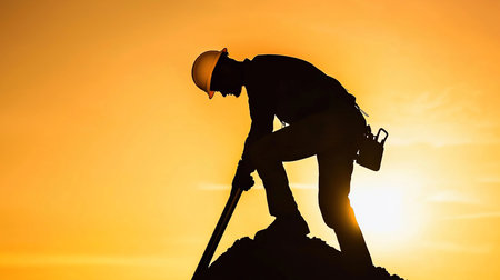 A silhouetted construction worker wearing a hard hat digs with a shovel, silhouetted against a vibrant sunset.の素材
