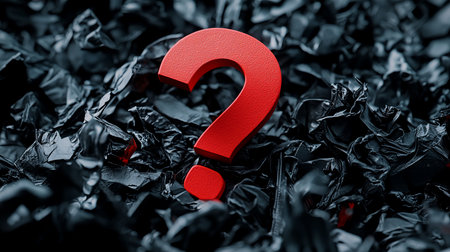 A prominent three-dimensional red question mark with a distinct grainy texture, standing vertically, symbolizing inquiry and doubt.の素材