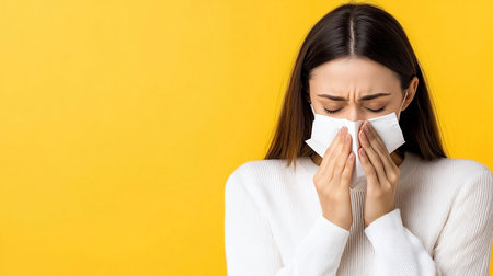 A woman with closed eyes holds a white tissue to her nose, likely sneezing. She wears a white sweater.の素材