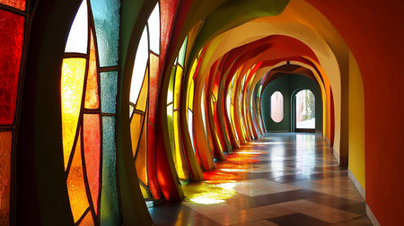 Sunlight streams through textured stained glass, illuminating a vibrant corridor of undulating, rainbow-hued arches and casting colorful patterns on a reflective tiled floor.の素材