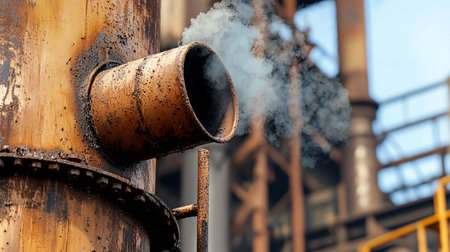 A close-up of a corroded, orange-brown industrial pipe stained with black grime, emitting a thick cloud of white smoke from its open end.の素材