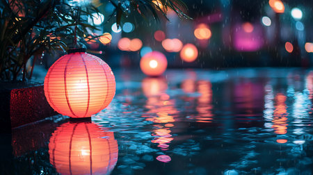 A single, round paper lantern glows with a warm pink light. Its delicate, ribbed surface is wet with rain as it hangs over dark water, creating a vibrant, rippling reflection.の素材