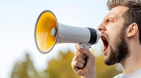 Close-up profile of a man with a dark beard, his mouth wide open and eyes squeezed shut, screaming into a white and yellow bullhorn held firmly in his hand.の素材