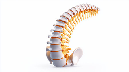 3D rendered illustration of a human spine, highlighting the vertebrae, ribs, and sacrum in a curved pose. The model is detailed.の素材