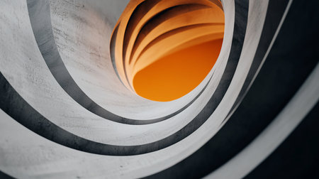 A close-up view of a concrete tunnel with a textured, rough surface, featuring concentric rings and a bright orange interior.の素材