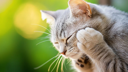 A close-up of a gray tabby cat grooming its face with a paw. The cat has closed eyes and soft fur.の素材