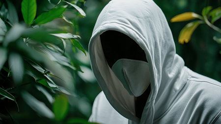 A mysterious person with their face obscured by a deep shadow from a hoodie and a light gray face mask. The figure is anonymous, dressed in casual streetwear.の素材