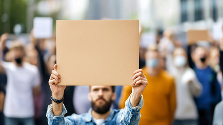 A man with a dark beard and a serious expression, wearing a denim shirt, raises a blank rectangular cardboard placard.の素材