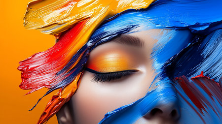 A woman's face with a closed eye, featuring vibrant orange eyeshadow and black eyeliner, is covered in thick, glossy, textured strokes of blue, red, and yellow paint.の素材