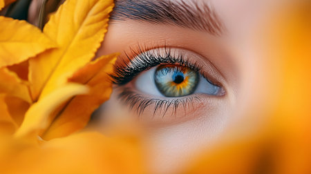 A close-up of a human eye with a striking green and yellow iris, framed by long, dark eyelashes and a defined eyebrow.の素材