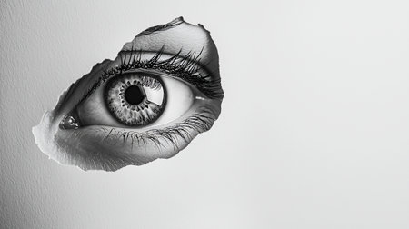 A detailed, grayscale close-up of a human eye with striking iris patterns and long eyelashes, visible through a jagged tear in a white surface.の素材