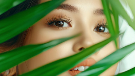 A woman's beautiful brown eyes, long dark eyelashes, and smooth, clear skin. Her lips are a soft orange, revealing white teeth.の素材