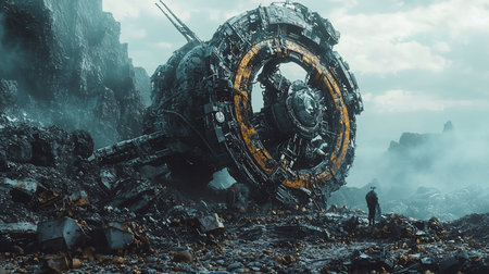 A colossal, intricate metallic ring structure with a central void, featuring dark metal panels, exposed components, and a prominent rusty orange textured band.の素材