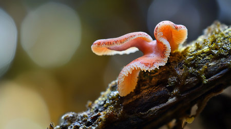 A close-up macro shot of a small, delicate orange mushroom with intricately serrated edges, growing on a textured, moss-covered branch.の素材