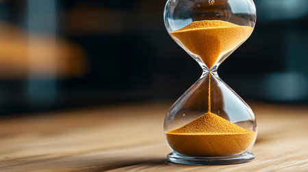 Clear glass hourglass with golden sand flowing, creating a visual representation of time passing on a wooden surface.の素材