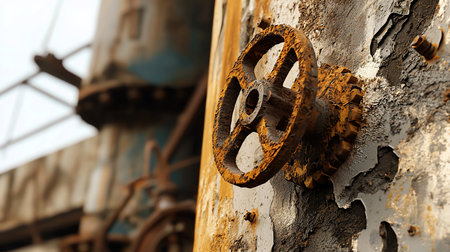 Close-up of a heavily rusted, circular industrial valve wheel with a textured, peeling paint surface, showing signs of decay and age.の素材