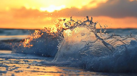 A powerful ocean wave crests and breaks, illuminated by the warm glow of a golden sunset, creating a dynamic splash of water and foam.の素材