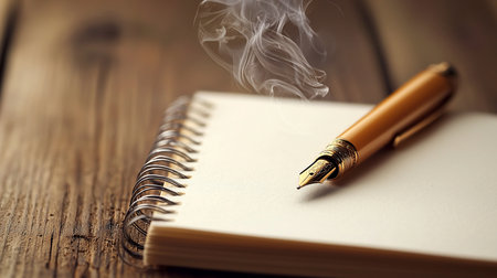 A shiny gold fountain pen with intricate detailing rests on a blank, spiral-bound notebook with a wisp of smoke rising above.の素材