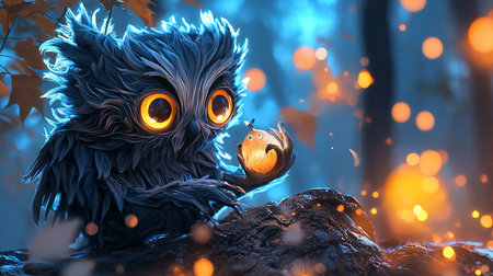 A whimsical, dark-feathered owl with large, luminous orange eyes gently holds a small, glowing orb in its talons, surrounded by a magical forest ambiance.の素材