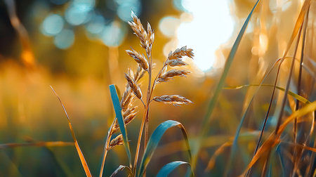 Close-up of wheat stalks with golden heads and green blades, illuminated by warm sunlight, creating a natural, textured composition.の素材