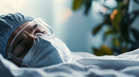 A person's face, eyes closed, wearing a blue crinkled surgical cap, clear plastic safety goggles, and a white pleated medical mask. Appears to be resting.の素材
