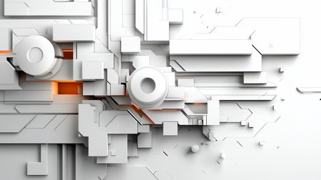 A detailed 3D rendering of a complex, abstract machine made of white geometric panels, cylinders, and cubes, highlighted by a warm orange internal glow.の素材