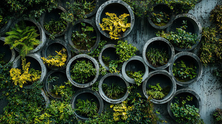 An industrial-style living wall featuring an array of circular concrete pipes used as planters for lush green and yellow foliage against a textured surface.の素材