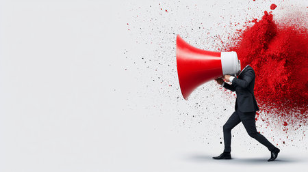 A man in a dark suit holds a large red megaphone to his head, which is replaced by the megaphone's opening, with a vibrant explosion of red powder and particles emanating from it.の素材