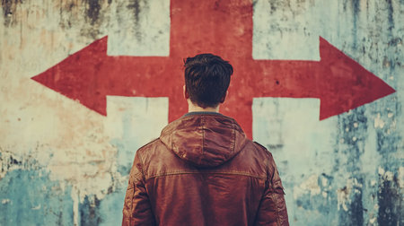 Back view of a man with dark hair wearing a brown leather jacket, standing in front of a wall with red arrow graffiti.の素材