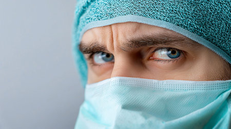Close-up of a person with blue eyes, wearing a light blue surgical mask and cap, showing a focused and concerned expression.の素材