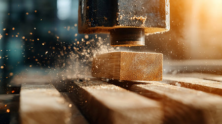 An industrial machine shapes a wooden beam, creating a dynamic spray of glowing sawdust and wood chips. The wood's textured end grain is clearly visible.の素材